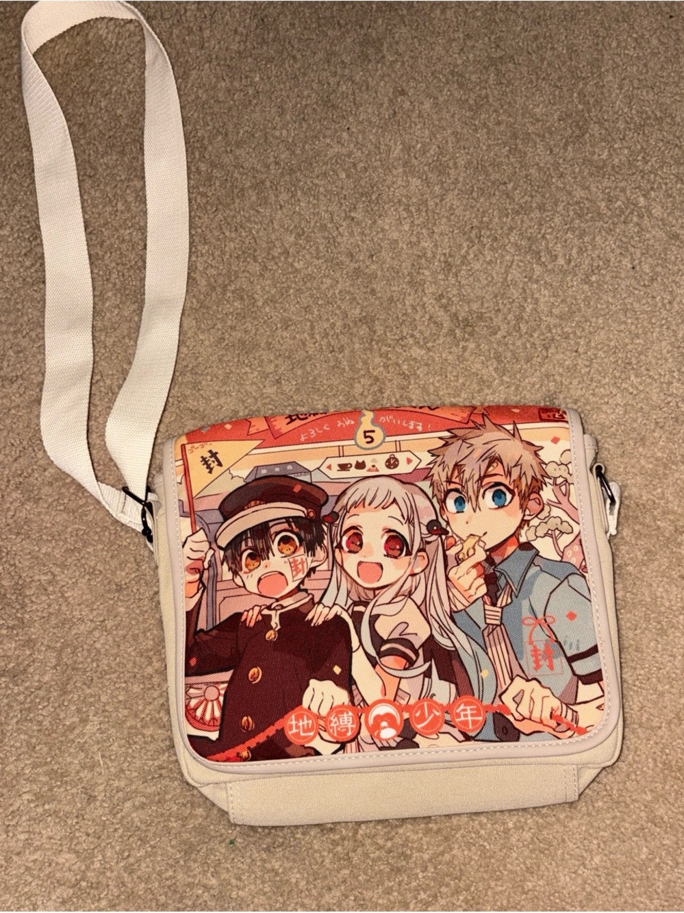 Jujutsu kaisen Character Crossbody Bag in Beige with Colorful Print